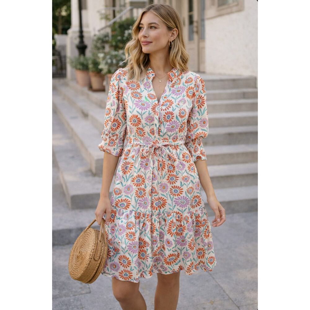 Victoria Dunn XS Indian Cotton Block Print Puff Sleeve Lined Sundress